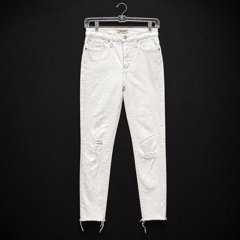 Madewell 9” High Rise Skinny Crop Jeans White Distressed Raw Hem Size 26